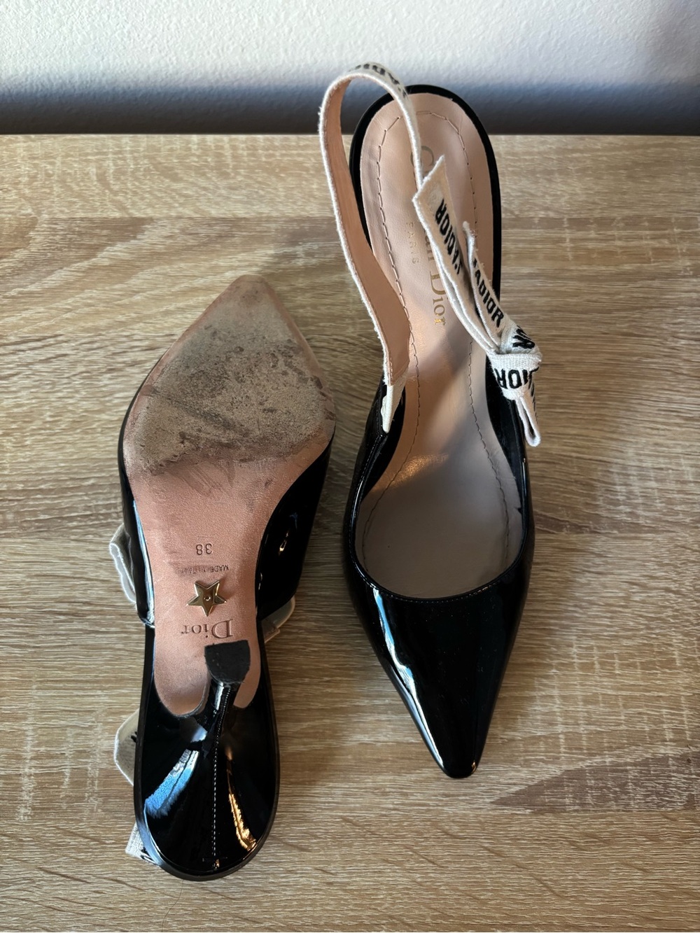 Dior Black Patent Pointed Slingback Pump with White J'Adior Straps - Picture 8 of 8